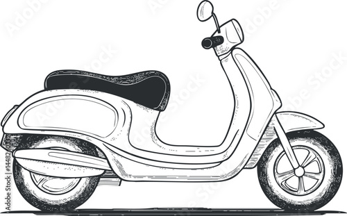 Black and white sketch illustration of a classic scooter motorbike side view for transport and commute