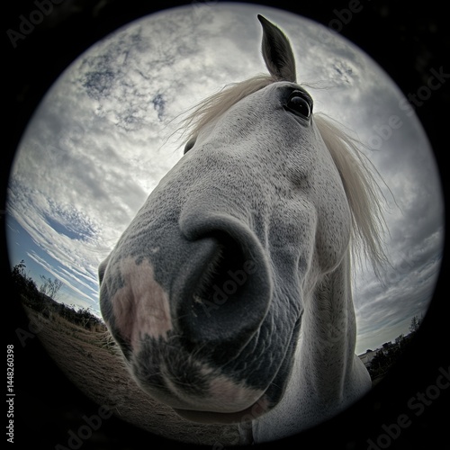 A white horse's face is captured up close with a fisheye lens, creating a dramatic, wide-angle effect under a cloudy sky. photo