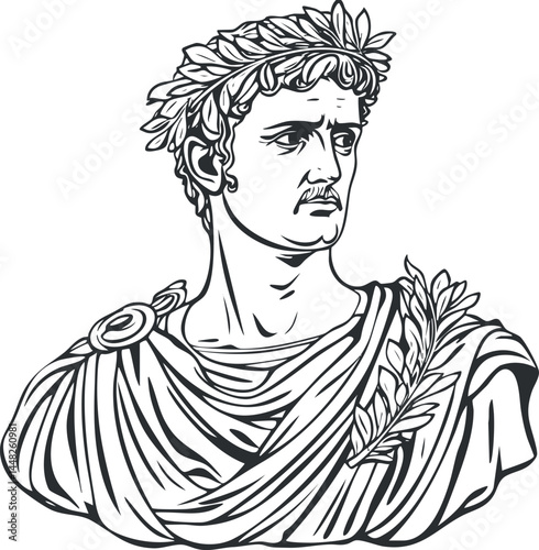 Black and white line art of an ancient Roman emperor bust wearing a laurel wreath and classical draped clothing.