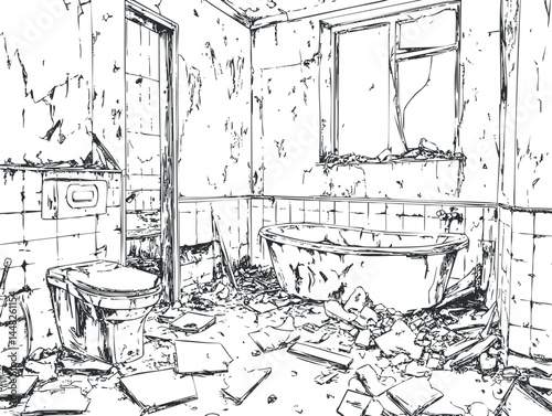 Abandoned dilapidated bathroom interior with broken bathtub, toilet, debris scattered on floor and damaged walls