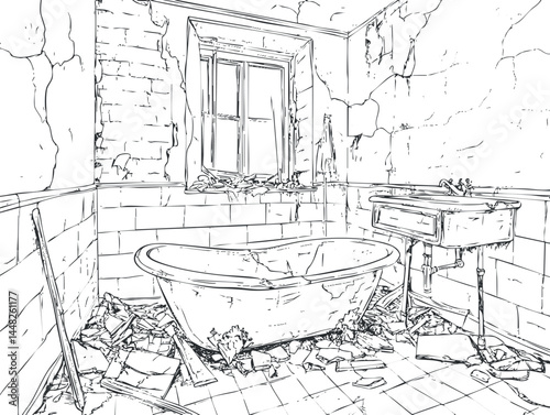Abandoned bathroom interior with broken bathtub, sink, damaged walls, and debris scattered on floor