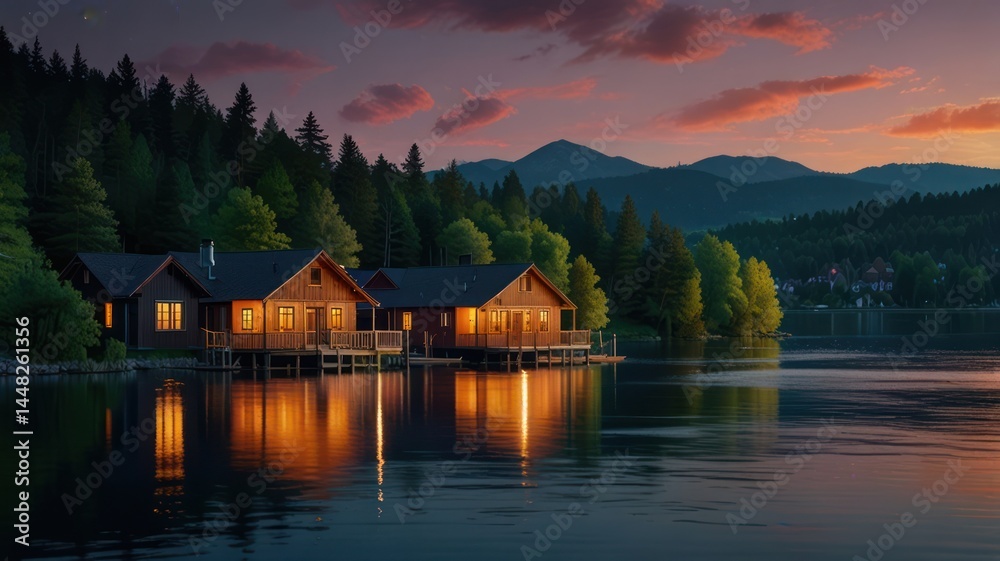 Fototapeta premium Lakeside Cabins at Sunset