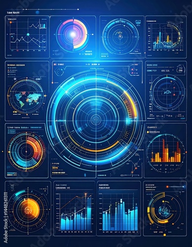 Wallpaper Mural A collection of sleek, futuristic information design elements, featuring vibrant colors, geometric shapes, and digital interfaces, perfect for modern projects. Torontodigital.ca