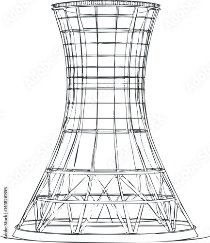 Wireframe illustration of a cooling tower structure used in industrial power plants and energy production facilities.