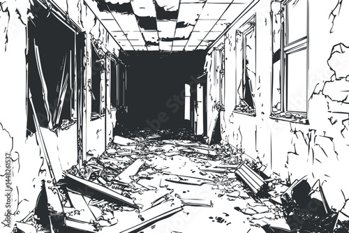 Black and white illustration of an abandoned, dilapidated hallway filled with broken debris and decay.