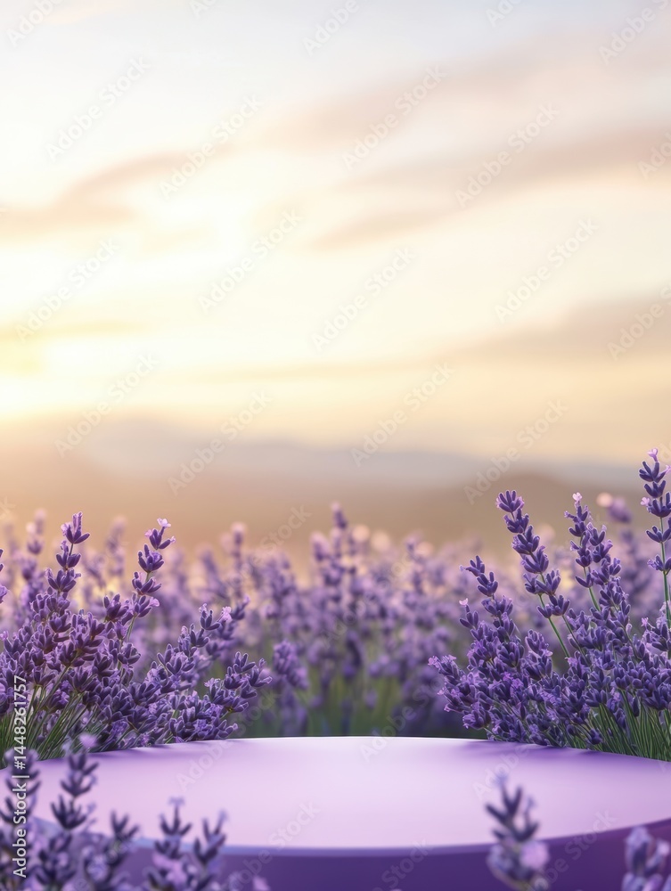 Obraz premium Lavender Field Product Display Platform at Sunset with Mountains in Background for Cosmetics