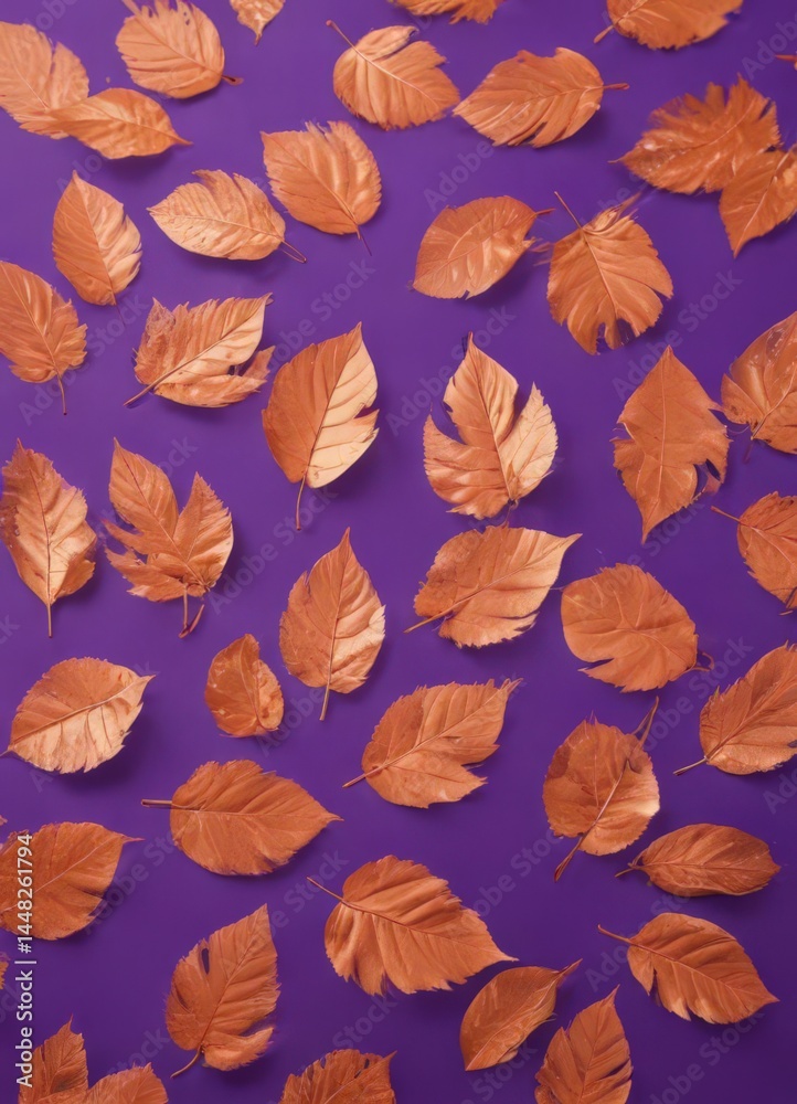 Obraz premium Dry orange metallic leaves patterned on violet backdrop , stock photo, dry