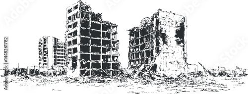 Black and white illustration of destroyed buildings showing urban ruins and war damage