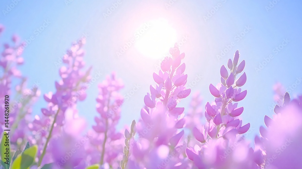 Obraz premium Vibrant lavender field under sunny sky, blooming purple flowers swaying gently, ideal for nature-themed designs or wellness content.