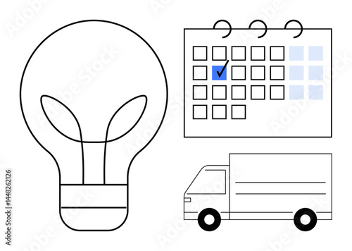 Lightbulb representing ideas, calendar with marked date for planning, and delivery truck symbolizing logistics. Ideal for innovation, planning, scheduling, delivery, productivity, management