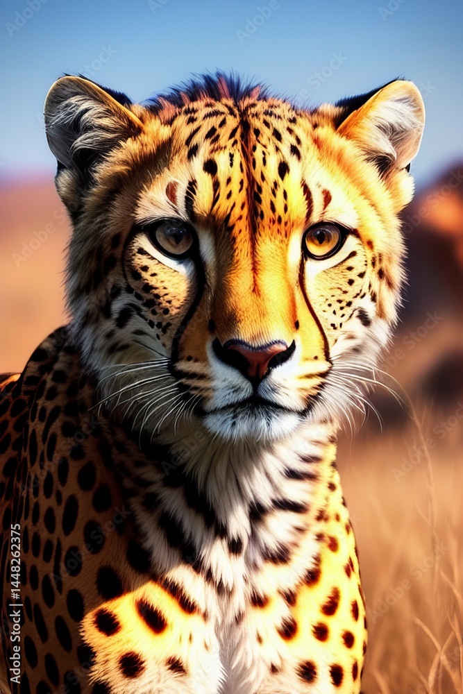 Fototapeta premium Close-up of a cheetah's spotted fur, showing its unique pattern and texture. Its ears are visible, indicating its alertness. The background is blurred, as are the natural colors of its habitat