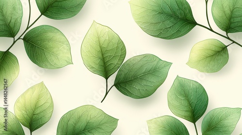 Seamless pattern featuring light green leaf veins with detailed petioles and delicate branching lines, arranged elegantly on an off-white background. The design blends natural botanical beauty.