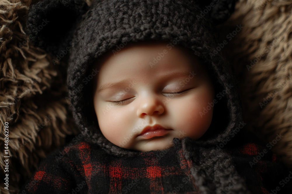 Generative AI image of a sleeping newborn baby in a cozy knitted outfit during a serene photo shoot Generative AI image of a sleeping newborn baby in a cozy knitted outfit during a serene photo shoot