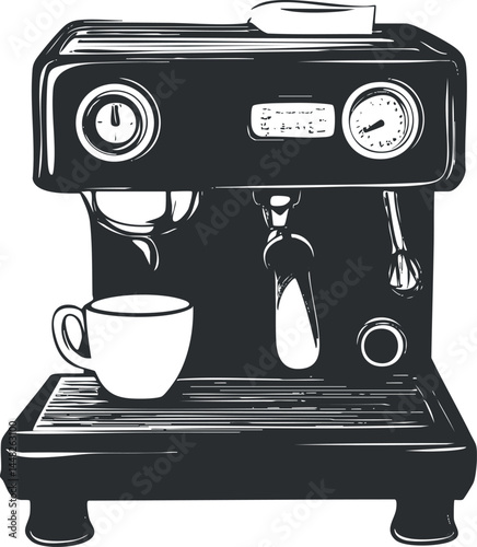 Black and white illustration of an espresso coffee machine with a cup ready for brewing