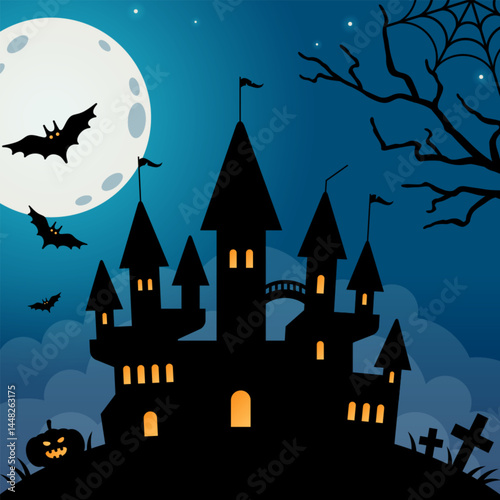 Halloween Spooky Scene, Night Castle Silhouette, Full moon, Pumpkin, Graveyard on Dark Background. Vector illustration. Witch haunted house graveyard banner. Flying bats, landscape scene card