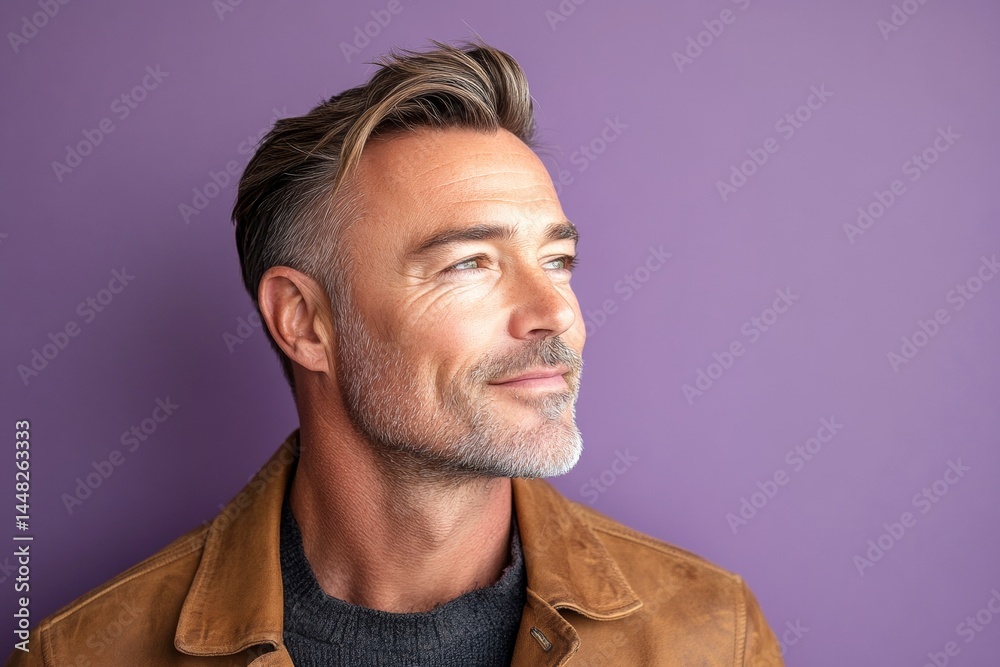 Creative design idea of style for aging men. Elegant men's undercut haircut - midlife white man with hair. Purple solid background. A happy man in a studio photo.