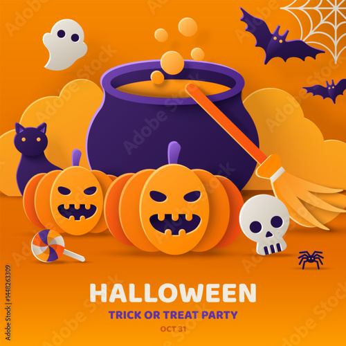 Happy Halloween poster, party invitation background, witch craft icons, pumpkins in paper cut style. Vector illustration. Cauldron, broom and black cat. Place for text. Trick or treat flyer concept