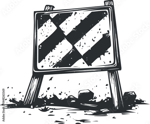 Black and white grunge illustration of a construction warning barrier with striped caution sign