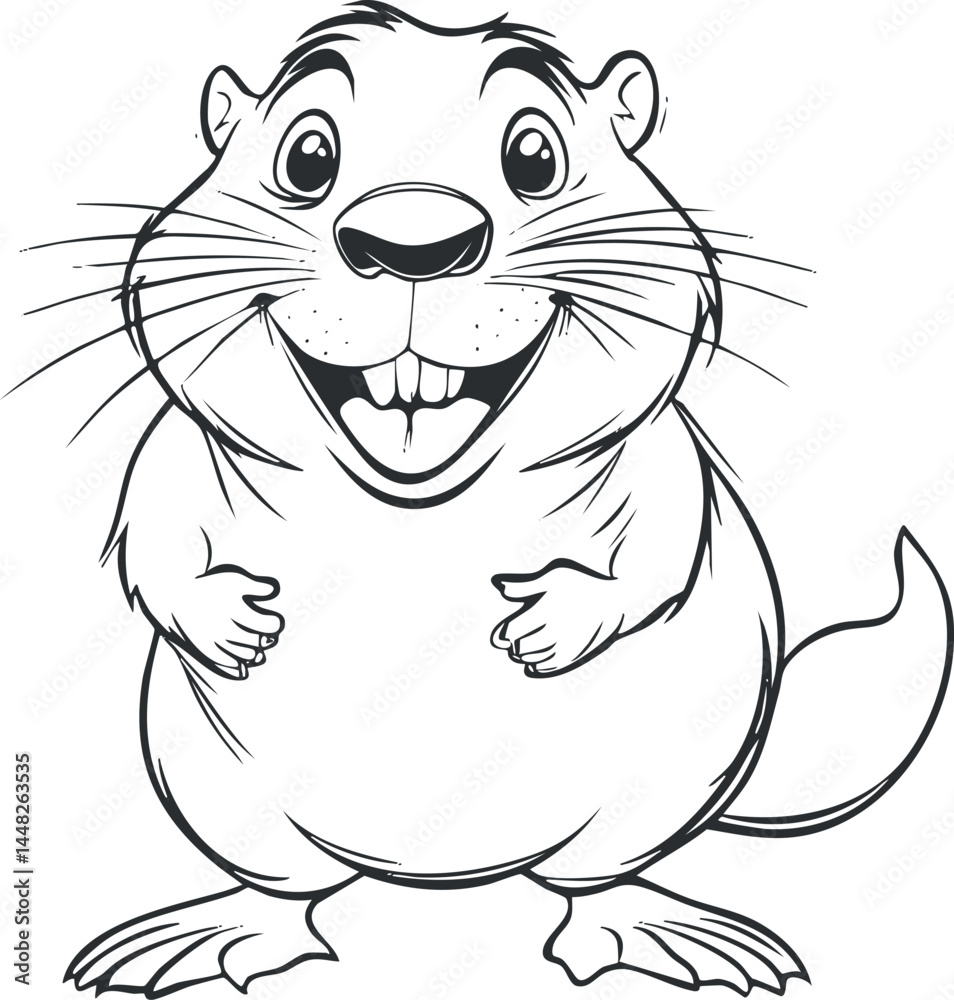 Obraz premium Black and white cartoon illustration of a happy smiling beaver with large teeth and whiskers