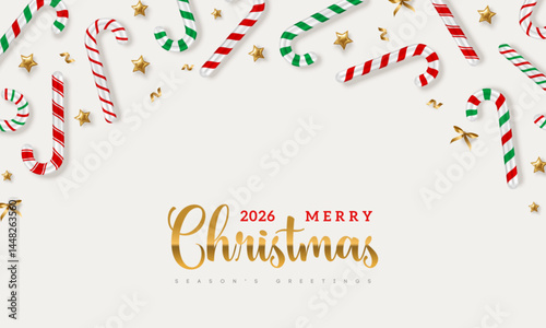 Merry Christmas New Year 2026 pattern frame, candy cane stick, golden stars and confetti. Vector illustration. Xmas gift card ornament. Place for text. Kids party holiday template, Santa banner