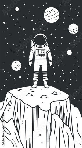 Black and white illustration of an astronaut standing on a rocky surface in space with planets and stars in the background