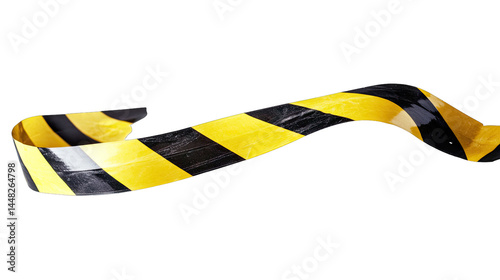 A vibrant yellow and black striped caution tape lying in a dynamic curve. symbolizing safety and warning. set against a transparent background. ideal for various design and safety-related uses