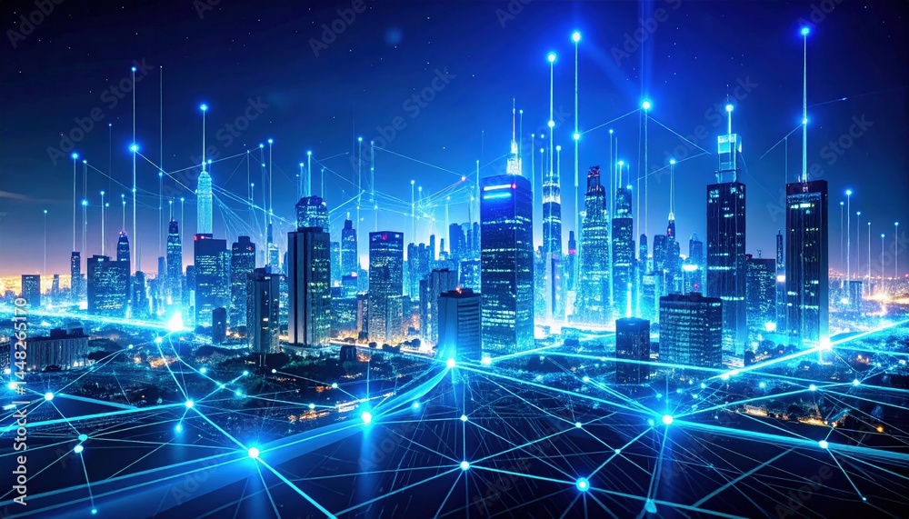 Fototapeta premium A vibrant cityscape at night, featuring a network of illuminated streets and highways, with twinkling lights creating a stunning visual tapestry.