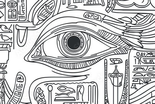 Black and white line drawing of an ancient Egyptian eye surrounded by hieroglyphic symbols and patterns
