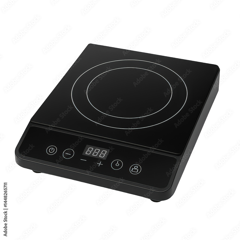 Fototapeta premium Compact black induction cooktop featuring touch controls, a digital display, and a smooth ceramic glass surface.