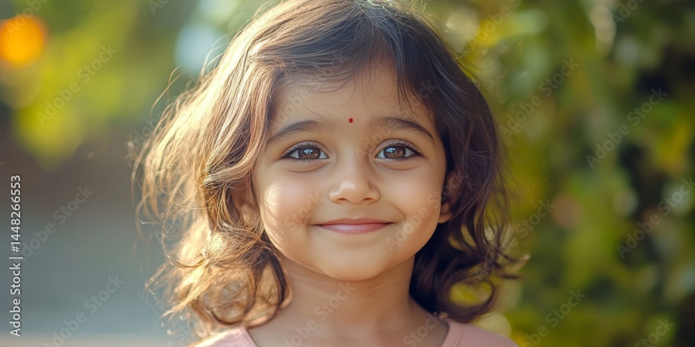 Fototapeta premium Young girl with a beautiful smile, outdoors during daytime in natural light. A candid portrait capturing a moment of innocence.
