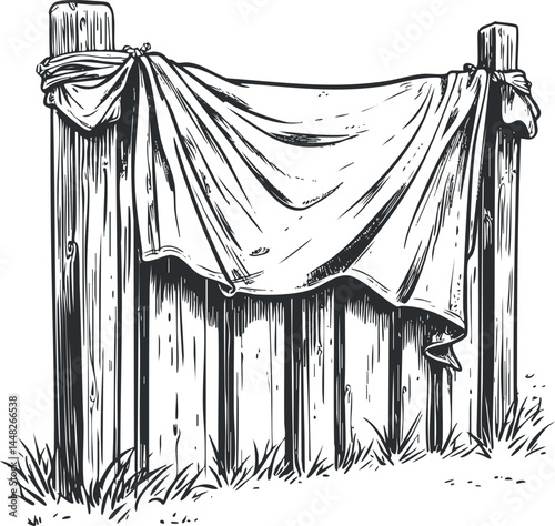 Black and white sketch of a rustic wooden fence with a cloth draped over two posts outdoors
