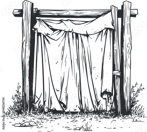 Black and white sketch of a weathered cloth draped over a wooden frame outdoors with natural plants around