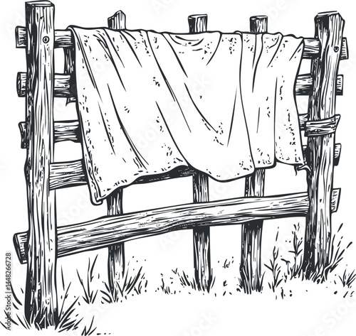 Black and white illustration of a wooden fence with fabric hanging to dry in a rustic outdoor setting