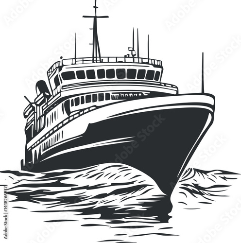 Black and white illustration of a large ship or ferry sailing through ocean waves with visible bow and deck