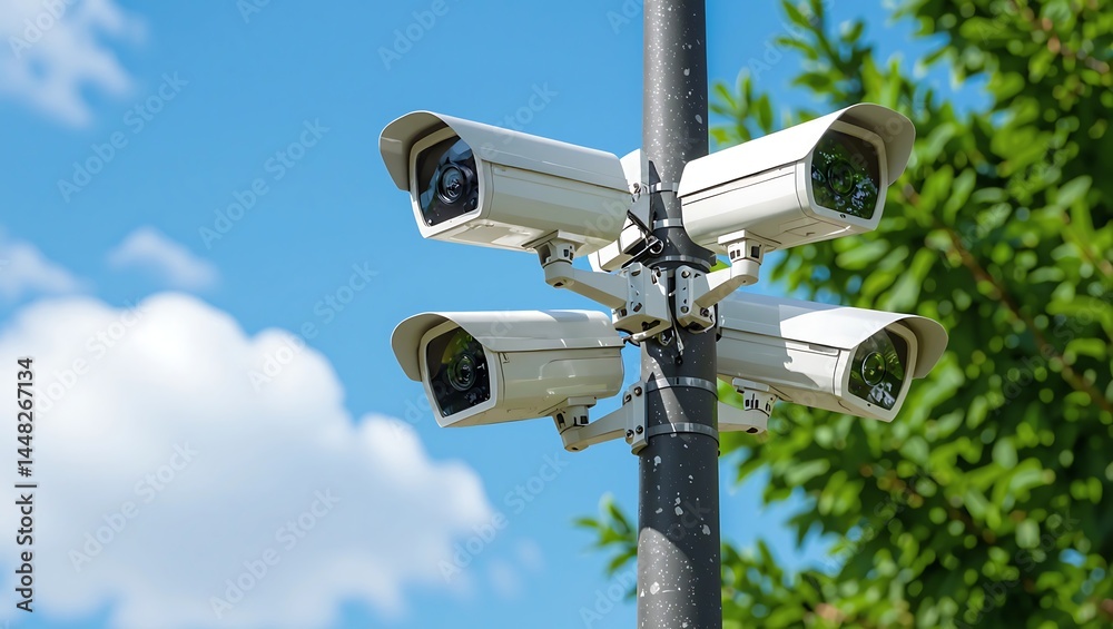 Four Security Cameras Mounted on a Pole Against a Blue Sky Four Security Cameras Mounted on a Pole Against a Blue Sky