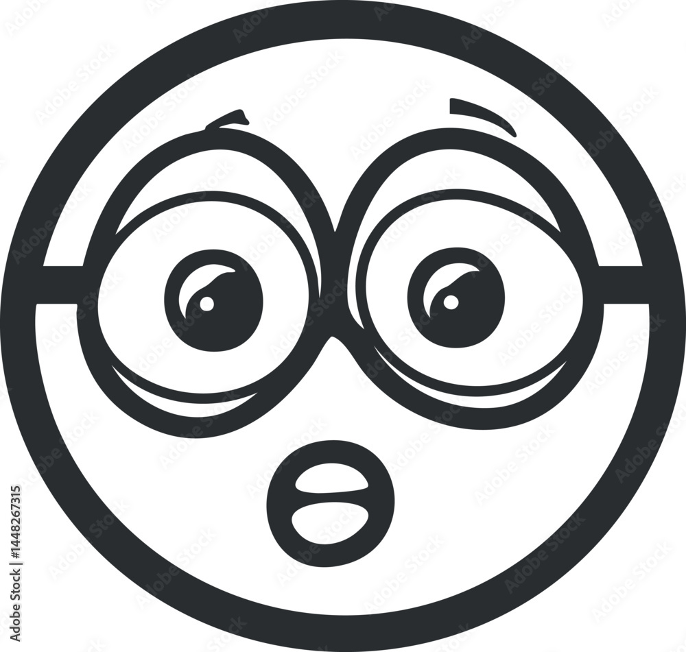 Black and white cartoon emoji face with round glasses showing surprised expression Black and white cartoon emoji face with round glasses showing surprised expression