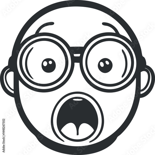 Black and white cartoon illustration of a surprised bald man with glasses and open mouth expressing shock or disbelief
