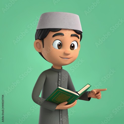 Cartoon Boy Holding Book and Pointing Upward on Green Background