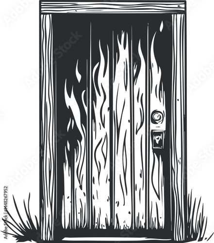 Black and white illustration of an old wooden door with flames burning on it, surrounded by grass and a wooden frame.