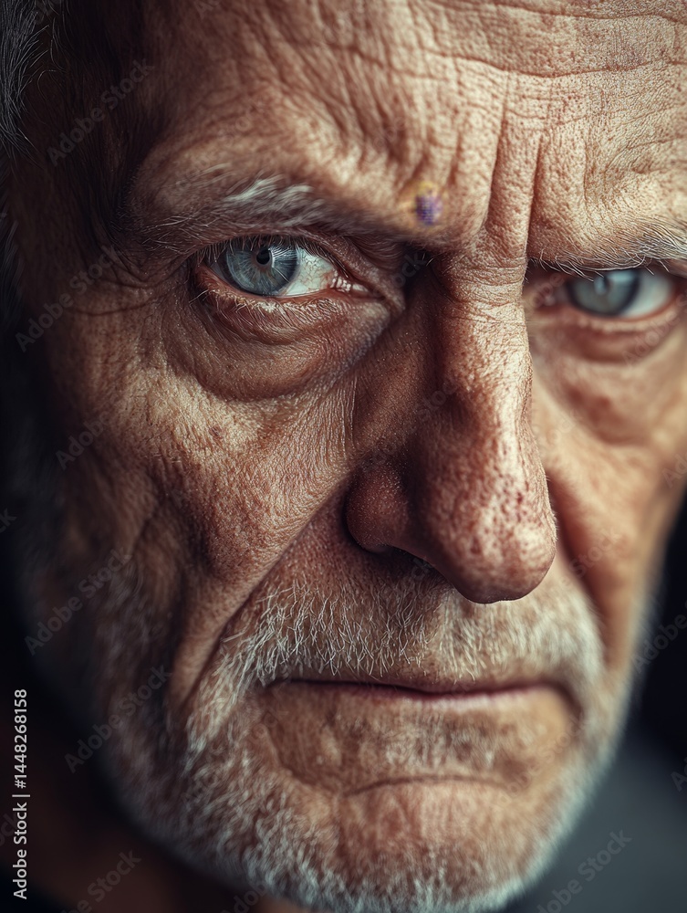 Obraz premium An elderly man with wrinkles and stubble, looking intense with one eye open. Grey beard against grey background. Microstock image.