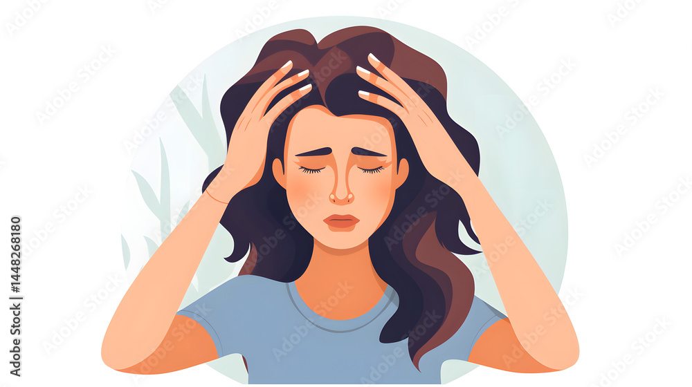 Medical icon of woman suffering from migraine headache. Unwell person with head pain illustration Medical icon of woman suffering from migraine headache. Unwell person with head pain illustration