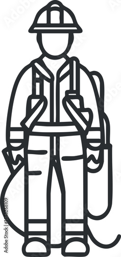 Line art illustration of a firefighter wearing protective gear including helmet and suit, standing front view.