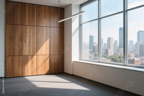 Modern empty office corner with wooden wall panels and large window showing city view under bright natural light, ideal for professional and stylish workspaces.


