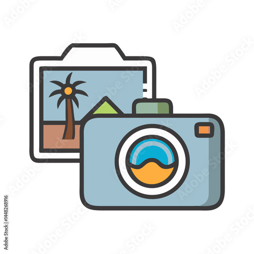 Camera with Photo Icon Representing Travel Photography and Adventure Captures