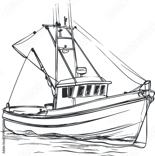Black and white sketch illustration of a fishing boat on water with detailed line art