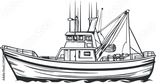 Black and white illustration of a fishing boat with crab pots on deck, used for commercial fishing on the sea.