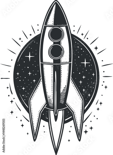 Black and white illustration of a rocket launching into space with stars and cosmic background