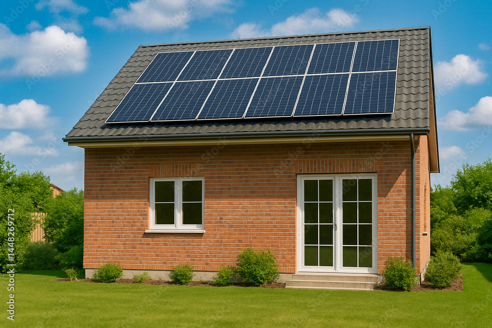 Fototapeta premium Brick House with Solar Panels, Sustainable Energy for Green Living Banner
