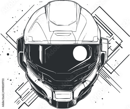 Black and white illustration of a futuristic sci-fi helmet with a reflective visor and geometric background design