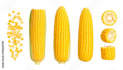 Ripe corn cob, kernels, and cut sections isolated on transparent background